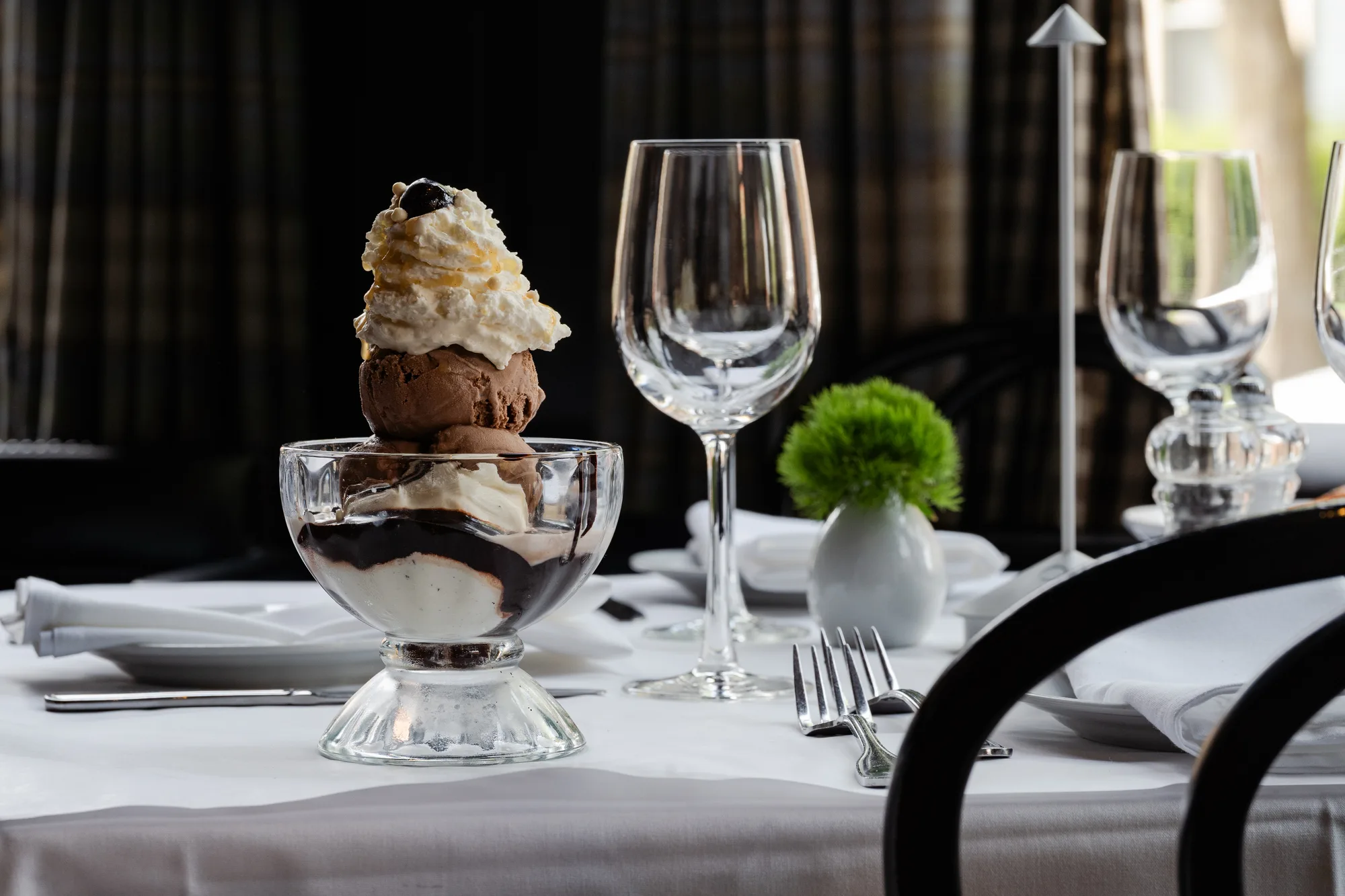 Sundae dessert on a white tablecloth