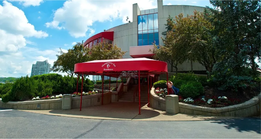 Boathouse entrance with a red awning