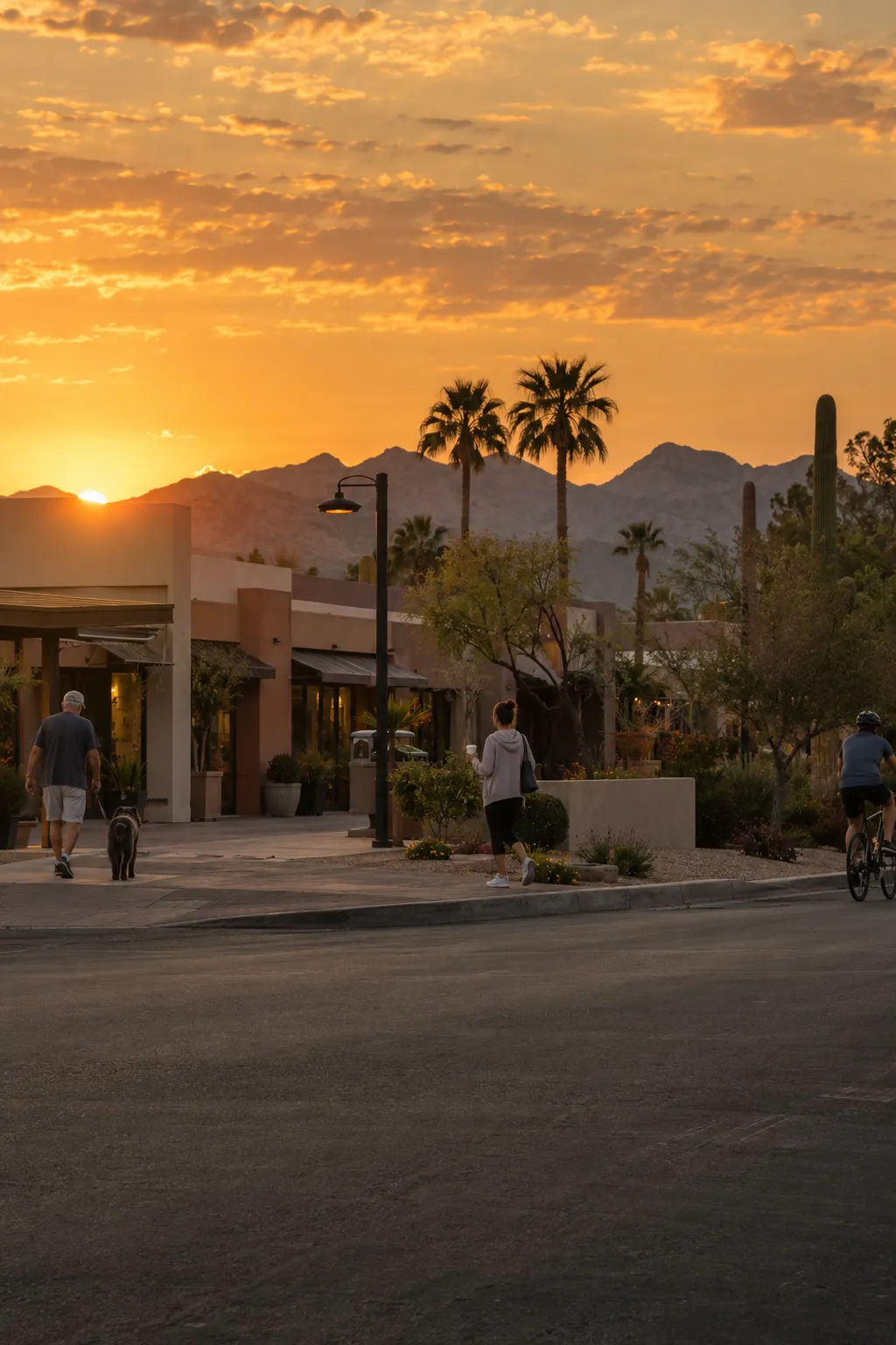 Sunrise over a quiet Phoenix neighborhood corner: low stucco shops under palms and a saguaro, a man walking his dog, a woman with a coffee and a cyclist, with desert mountains glowing behind