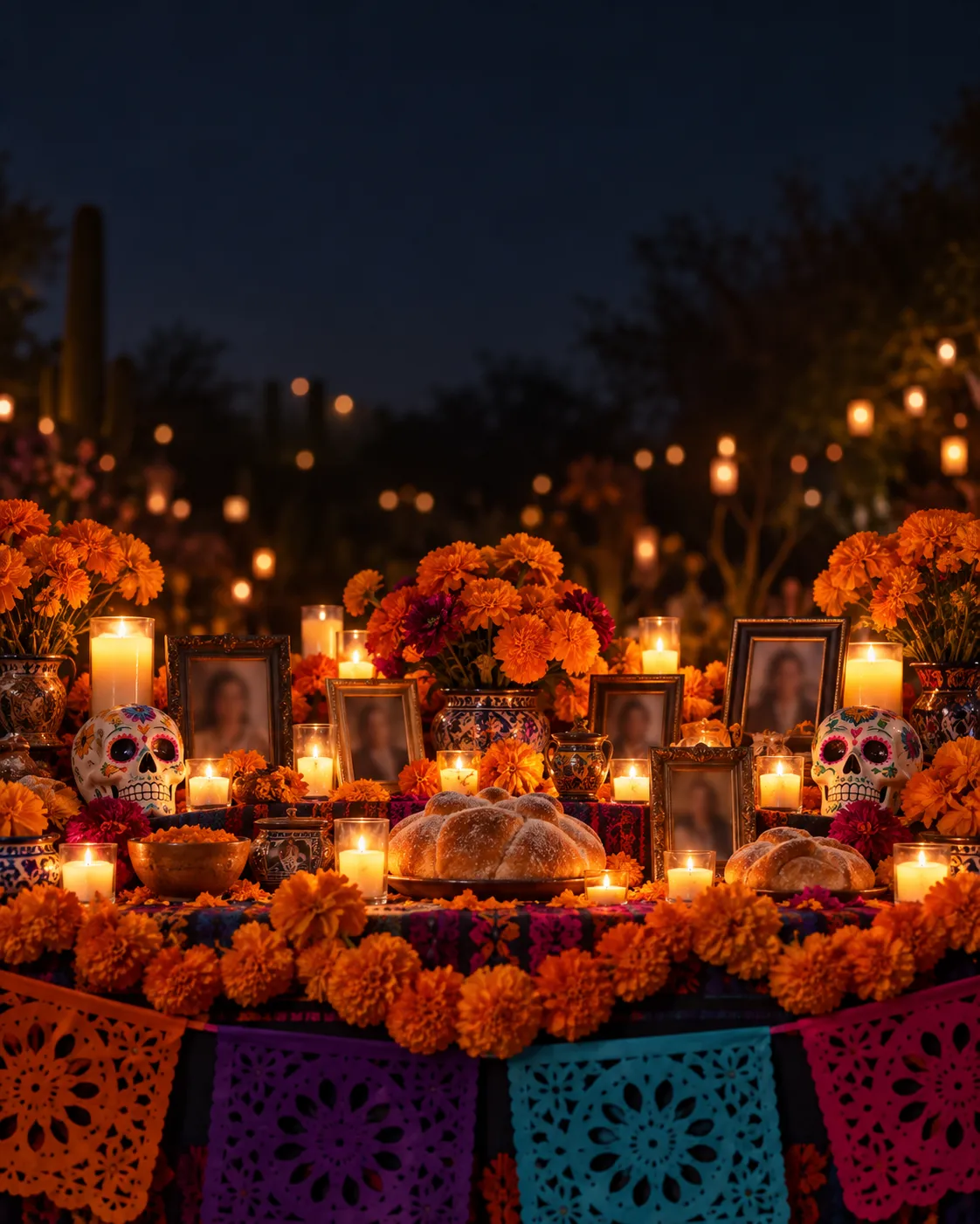A Día de los Muertos ofrenda at night with marigolds, candles, sugar skulls and papel picado