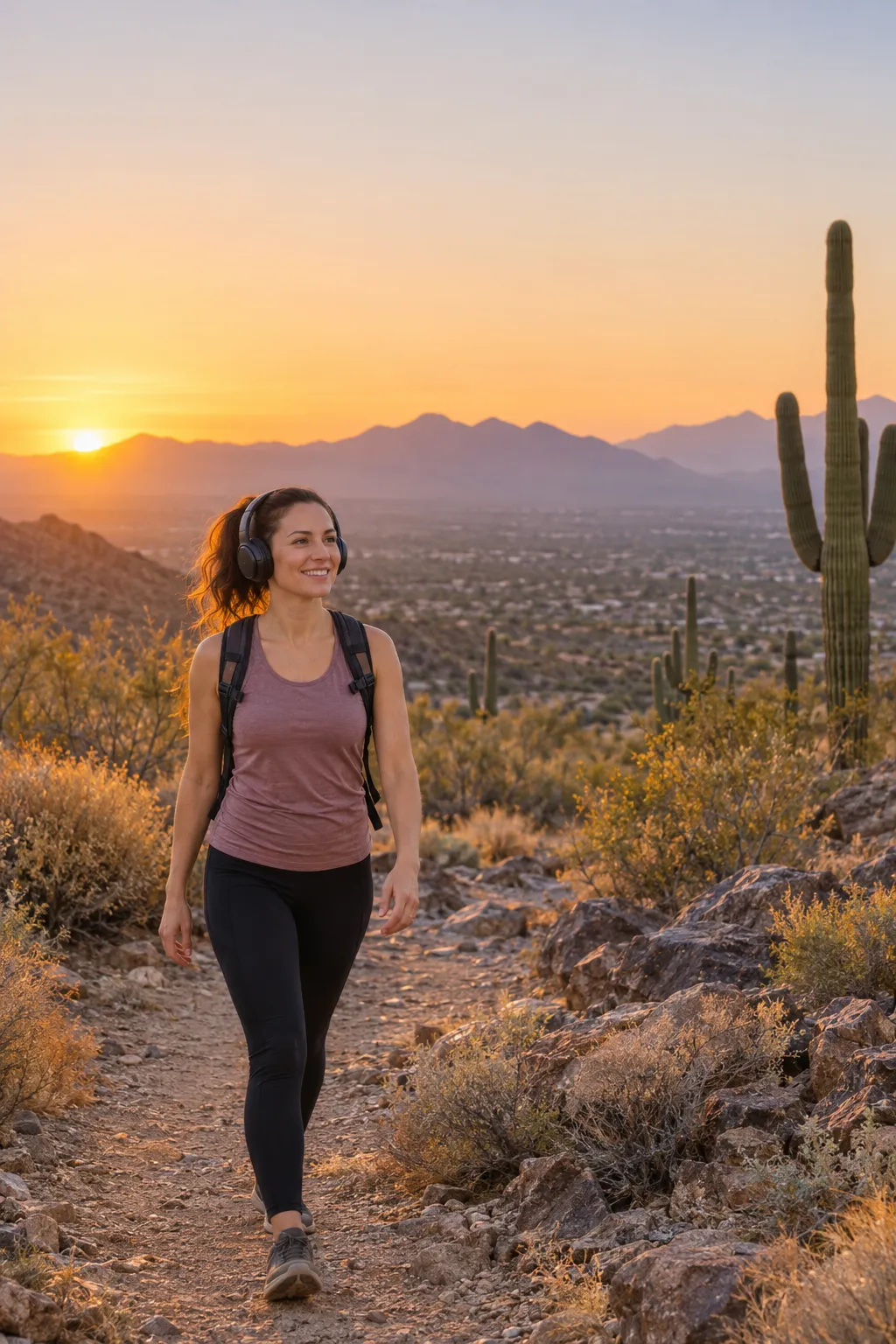 A woman wearing headphones walks a desert trail at sunrise, with saguaros and mountains behind her