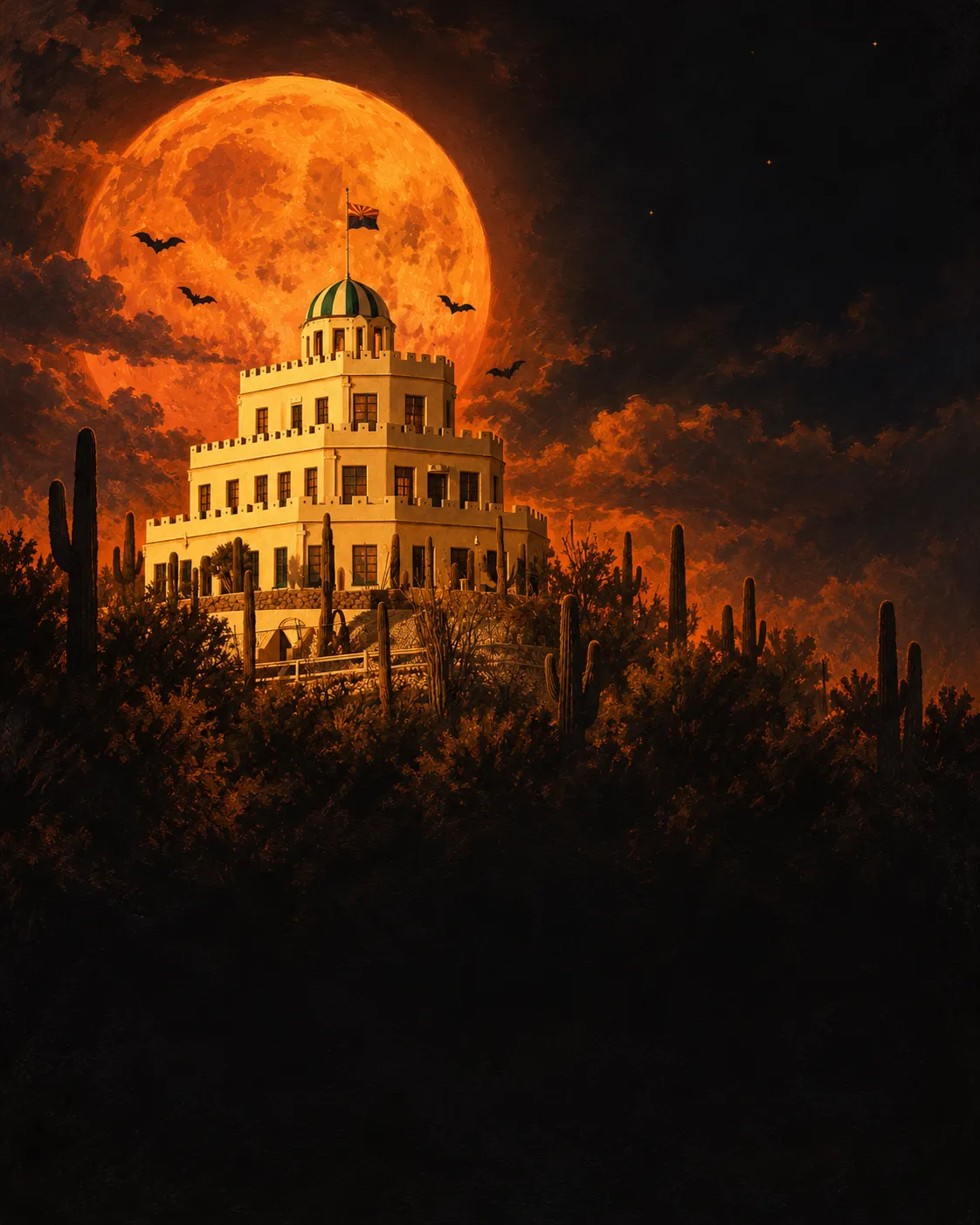 Illustration of Tovrea Castle on its cactus hill at night under a huge orange harvest moon, with bats in the sky