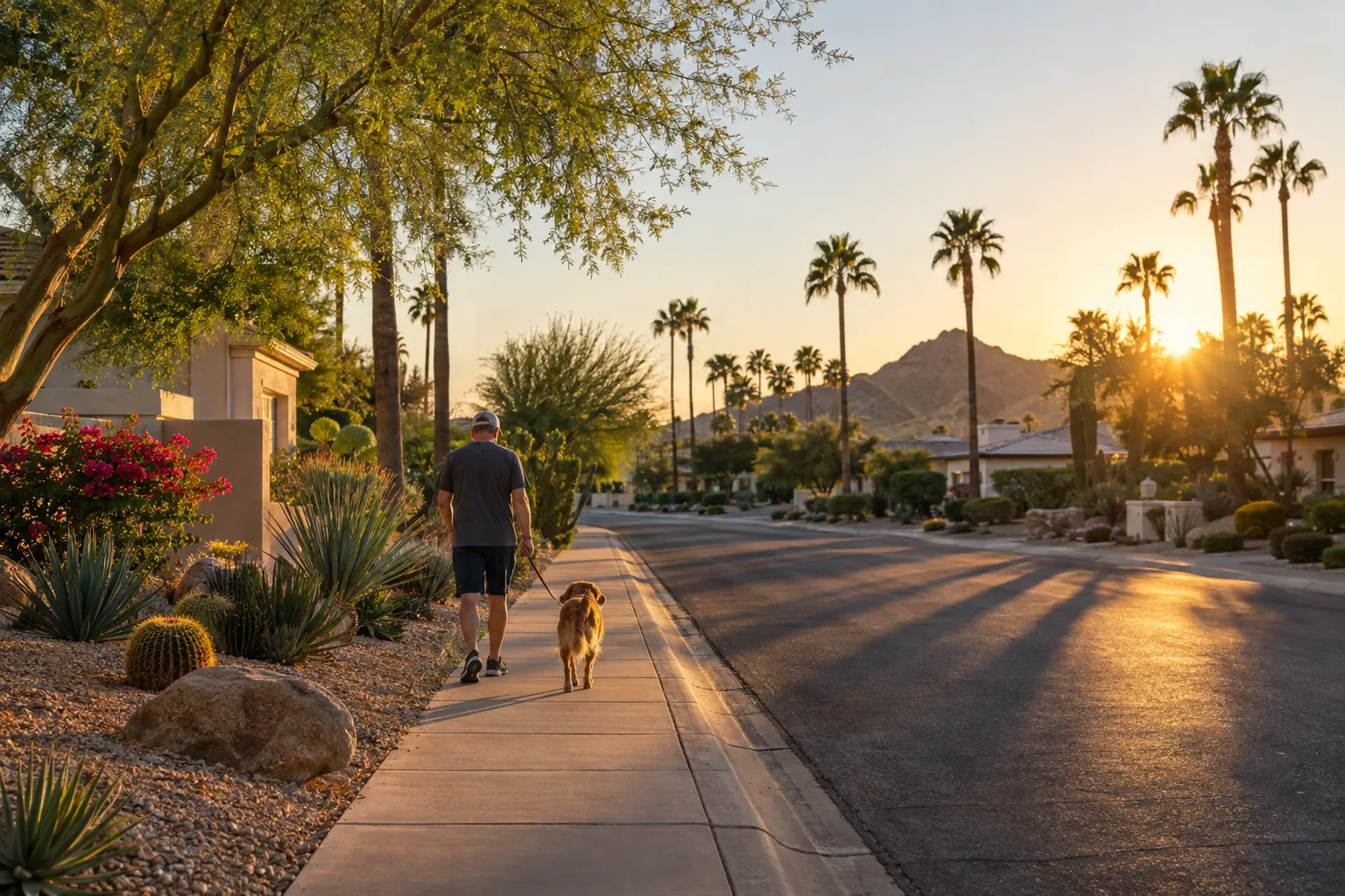 A man walks his dog along a palm-lined desert neighborhood street at golden hour