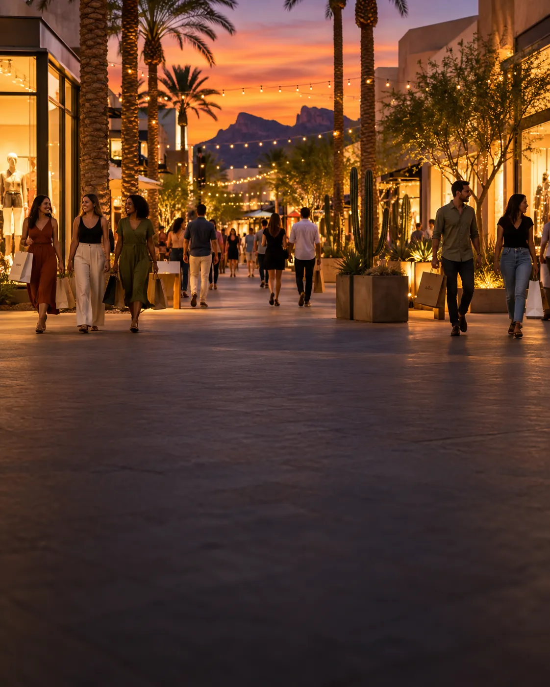A festive desert-city shopping street at dusk with string lights, palms and shoppers