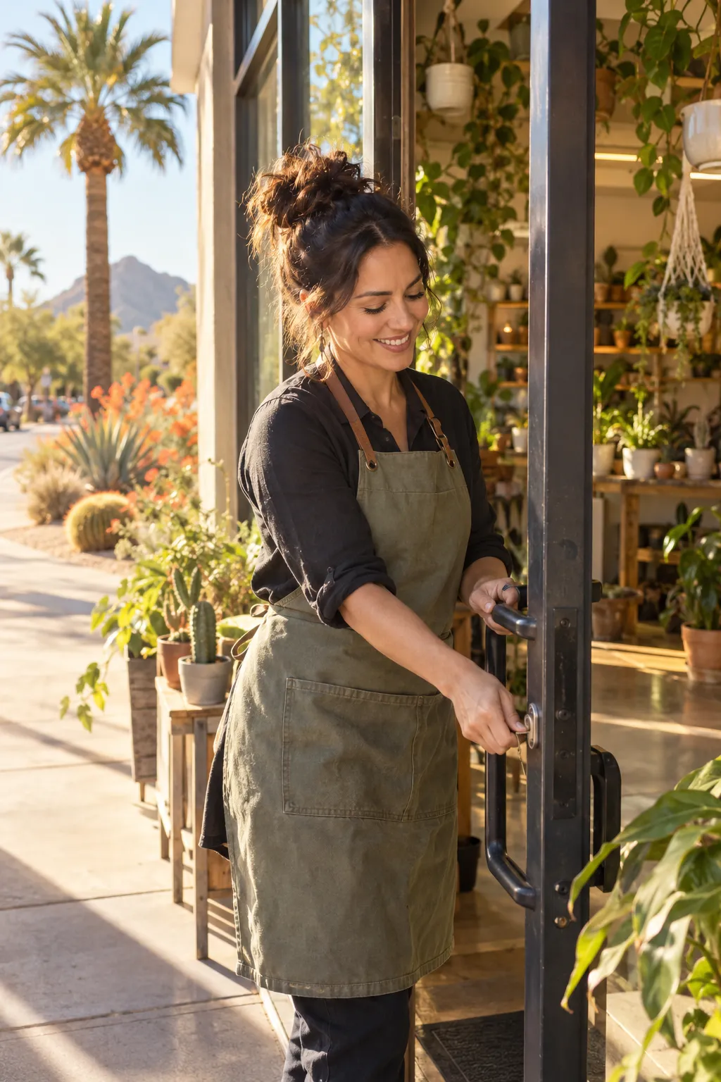A shop owner in an apron opens the door of a bright, plant-filled neighborhood shop in the morning