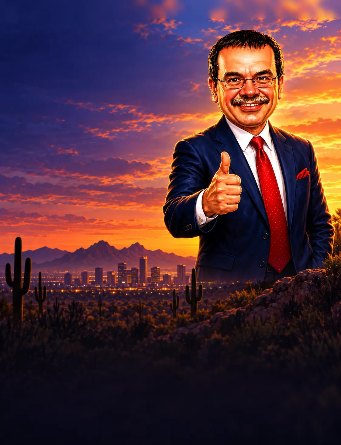 Caricature of Troy Warren giving a thumbs-up on a desert overlook at dusk, with the Phoenix skyline below