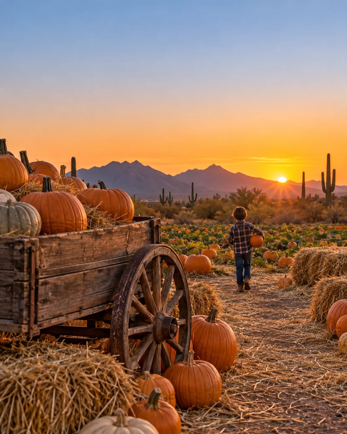 A pumpkin patch at sunset with a wagon of pumpkins and a child walking toward the desert mountains