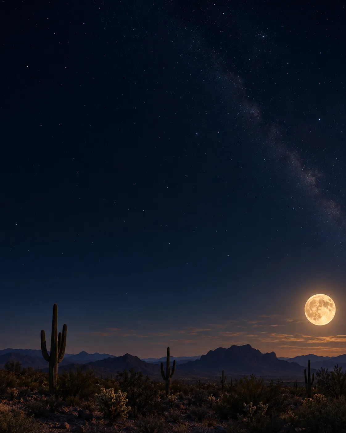 A full moon rising over the Sonoran Desert at night, with saguaros and the Milky Way