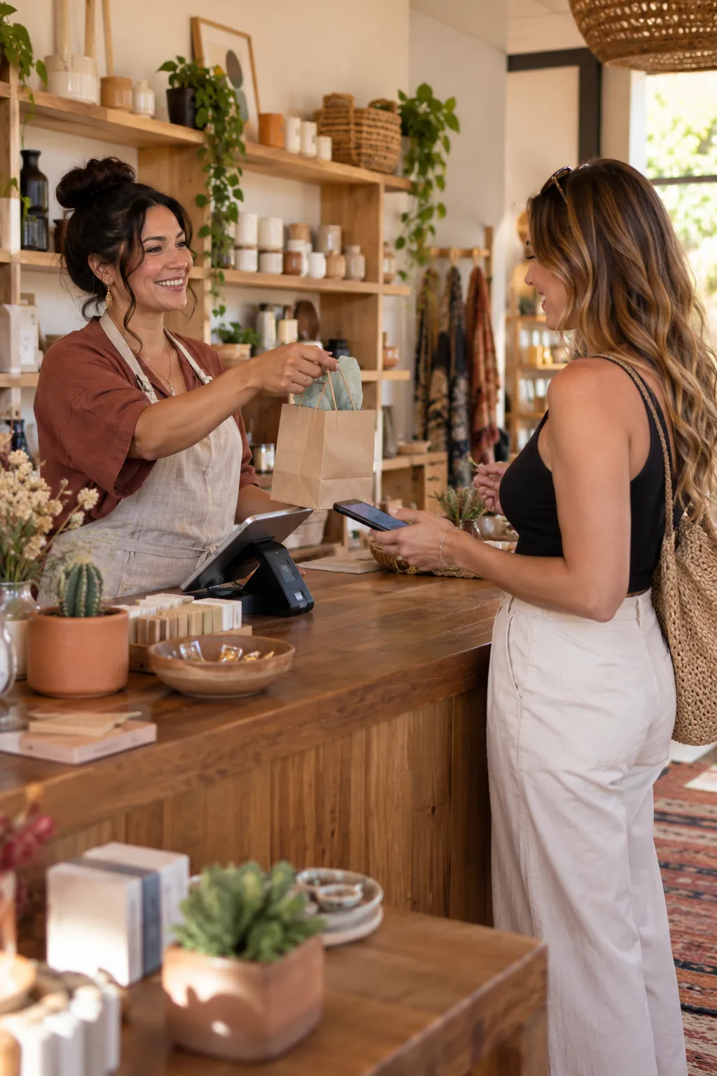 A customer pays at the counter of a bright neighborhood boutique while the owner smiles
