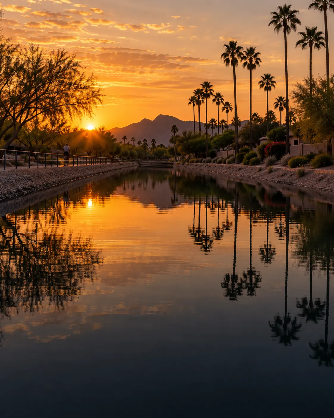 A palm-lined irrigation canal at sunset, the still water reflecting the trees and sky