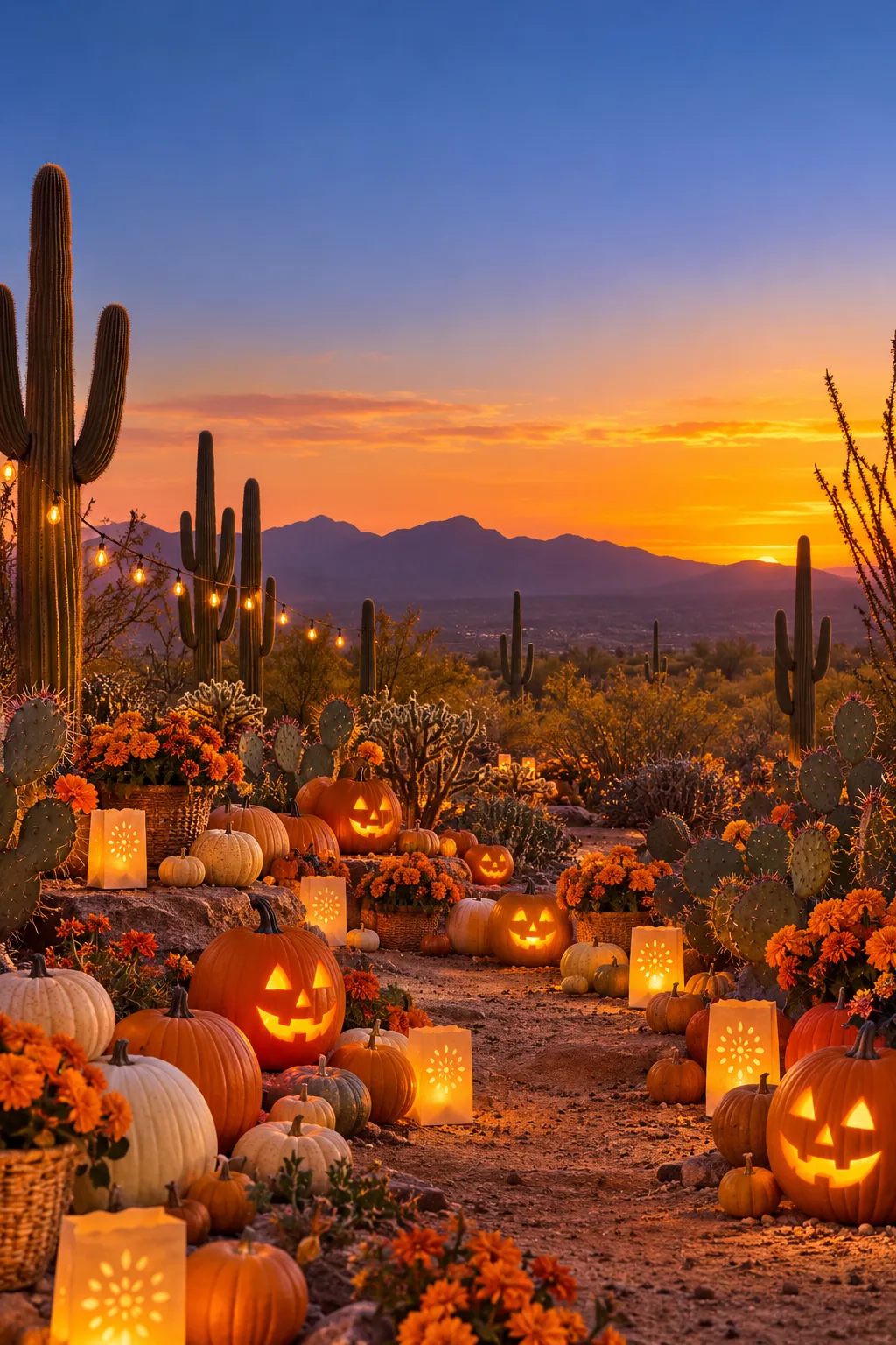 Pumpkins, glowing jack-o'-lanterns, paper luminarias and marigolds among saguaros at sunset