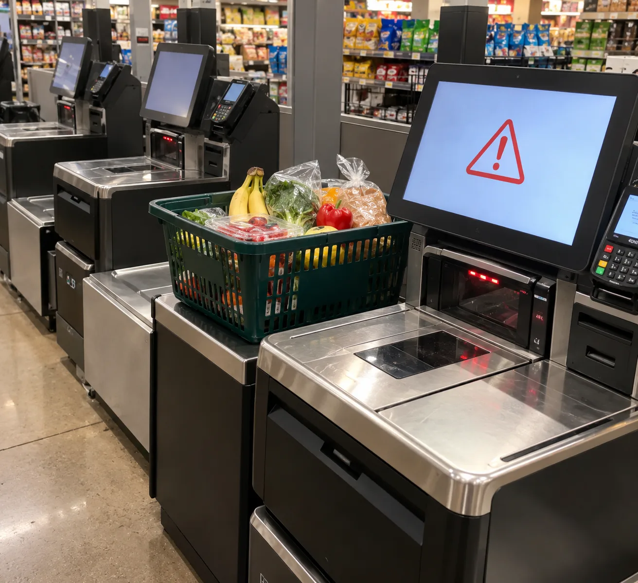 Self-checkout kiosk showing a warning symbol with a basket of groceries waiting