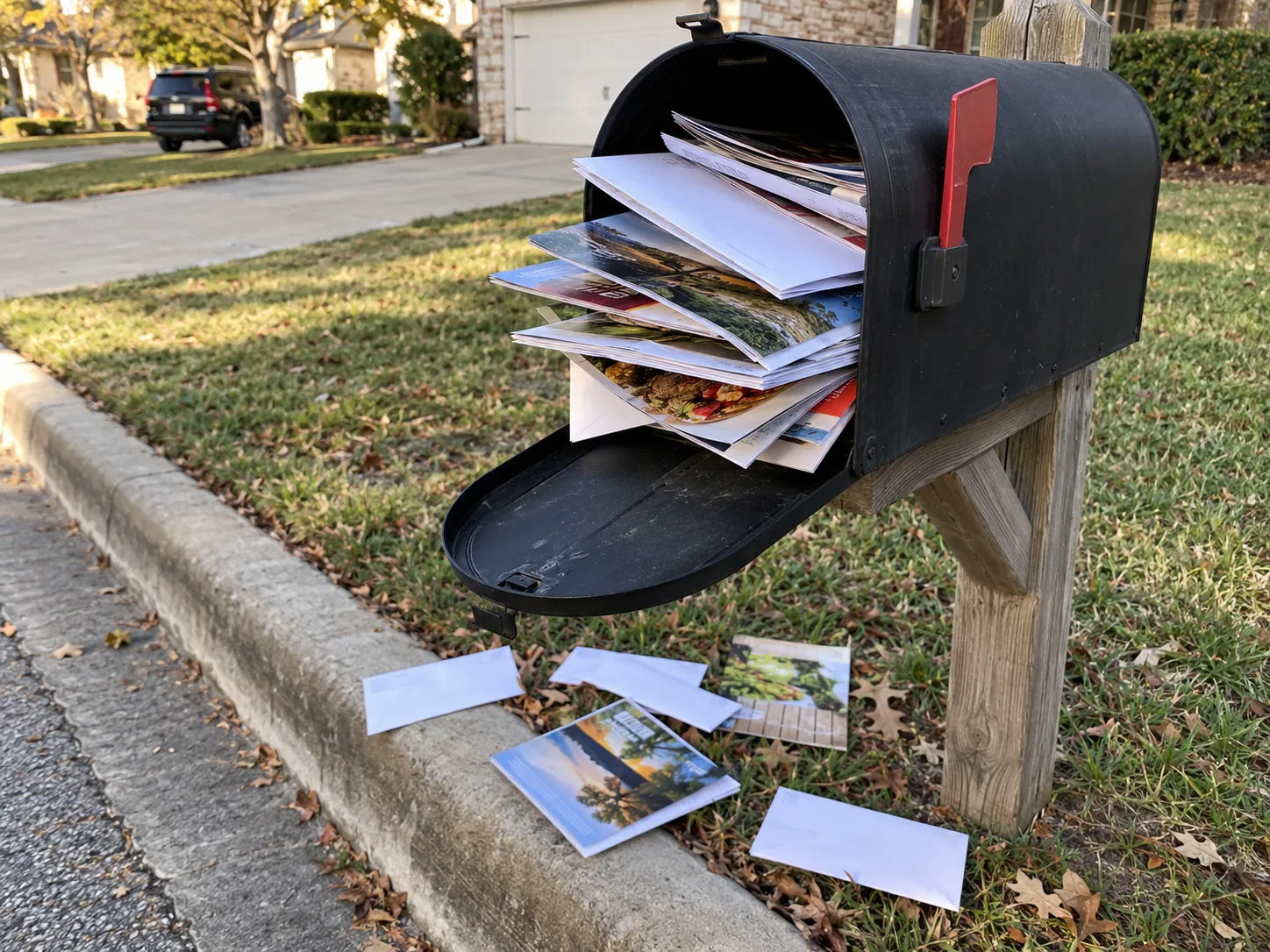 A curbside mailbox overflowing with catalogs, some fallen on the grass
