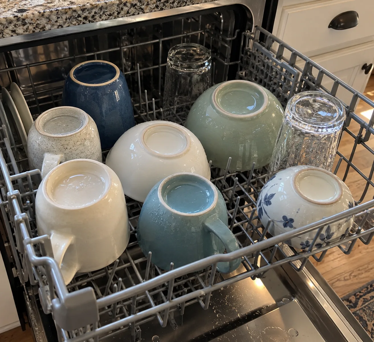 Dishwasher top rack of upside-down cups and bowls with water pooled on top