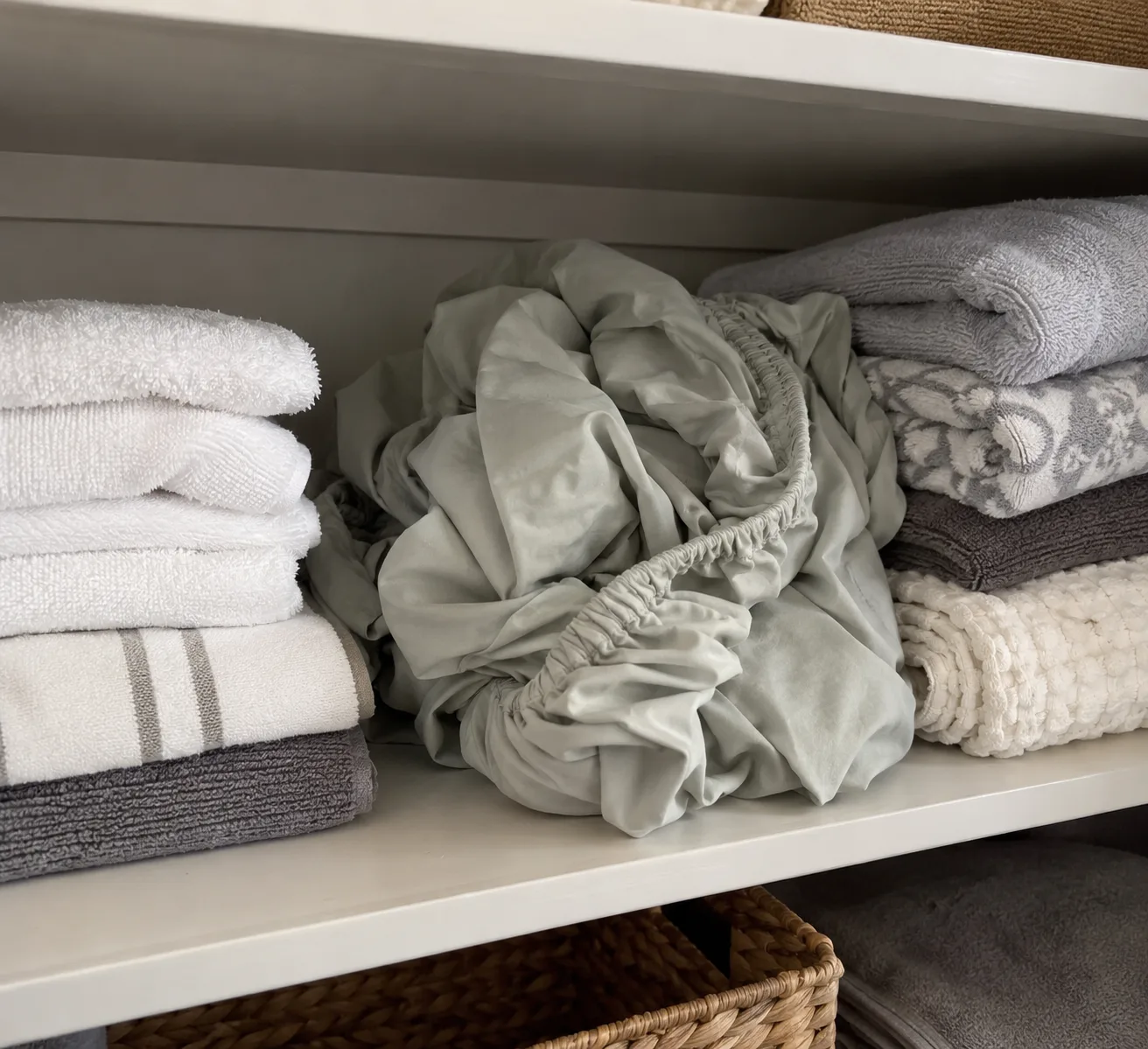 A crumpled fitted sheet stuffed on a closet shelf between neatly folded towels