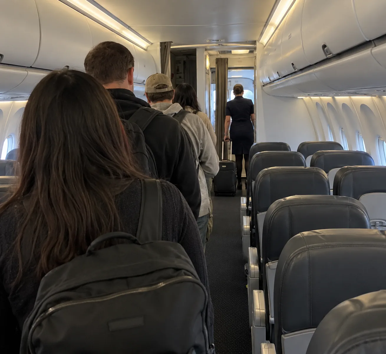 Passengers bunched in an airplane aisle during boarding
